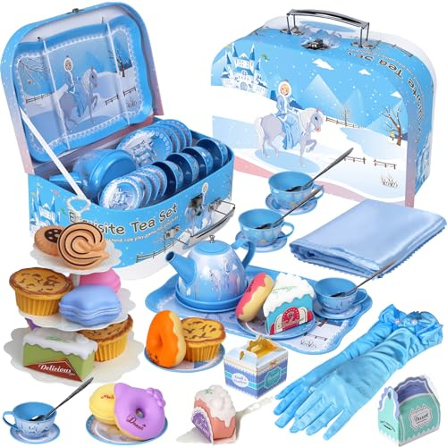 Magic4U Fairy Tale Princess Tea Set Toy for Girl Including Tin Teapot Dessert Toy 42PCS Role Play Food Pretend Play Toy with Princess Gloves and Storage Box for Children Age 3-6