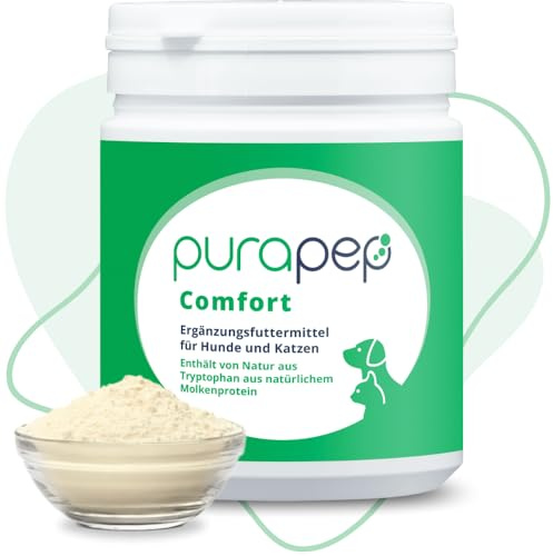 purapep Comfort Pulver – Lindert Stress, Angst & Aggression, fördert Entspannung. Natürliches Beruhigungsmittel für Hunde & Katzen + Tryptophan + B Vitaminen. Ideal für Silvester & Stressphasen. 280g