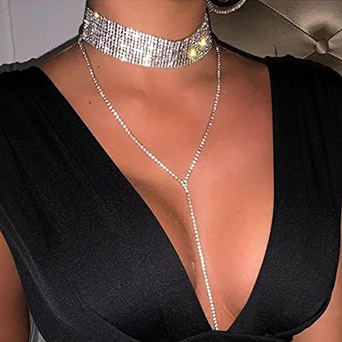 Bufenia Rhinestone Choker Necklace Jewelry Adjustable Crystal Collar Pendant Long Necklaces Silver Chokers for Women and Girls