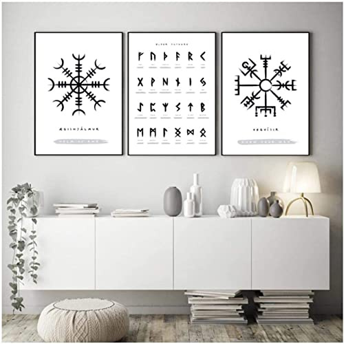 Moderner Leinwanddruck Wikinger Old Norse Elder Futhark Runen Wandkunst Bilder Leinwand Gemälde Wohnzimmer Dekor Rahmenlos 40 × 60 cm × 3 Stück