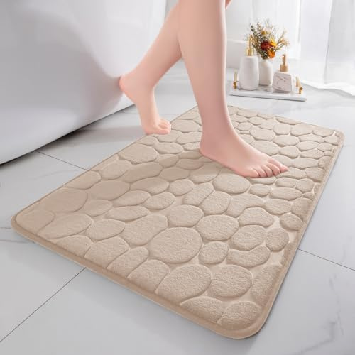 chakme Badematte rutschfest, 43x61 cm Beige Badezimmerteppich | Memoryschaum Badteppich, Waschbar Badvorleger, Wasserabsorbierend Kieselsteine Duschvorleger