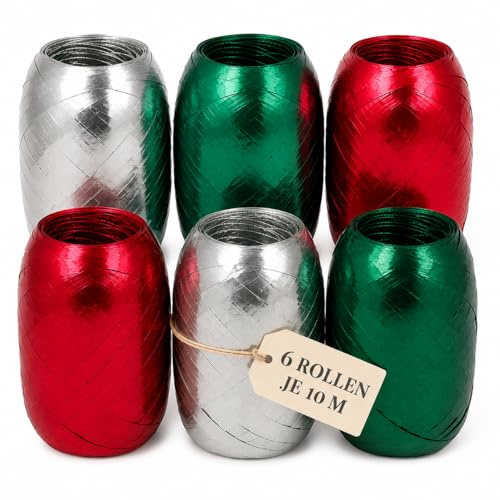 Set Ringelband Polyband Geschenk-Band Geschenkschleifen zum Basteln und Verpacken - glänzend & matt sortiert (silber - rot - grün, 6 Rollen Geschenkband je 10m)