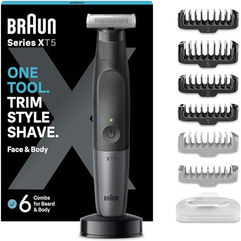 Braun Series XT5 Gesicht & Körper, Elektrischer Rasierer, Barttrimmer & Bodygroomer, +8 Zubehörteile, Scharfe 4D-Flex-Klinge, Ladestation, langlebig, 6 Monate, 45 Min. Laufzeit, XT5300, Grau
