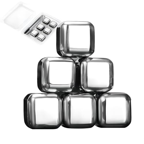 GREATLINK Whiskey Stones Gifts Set,6 Pack Stainless Steel Whiskey Chilling Rocks, Reusable Metal Ice Cubes for Drinks Whiskey, Mens Stocking Stuffers for Christmas
