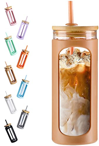 Kodrine 20oz Glass Tumbler with Straw and Lid, Iced Coffee Cups with Bamboo Lids, Glass Cups for Cold Drinks, Smoothie Cup with Silicone Sleeve for Travel, Work, BPA FREE-Mocha Mousse