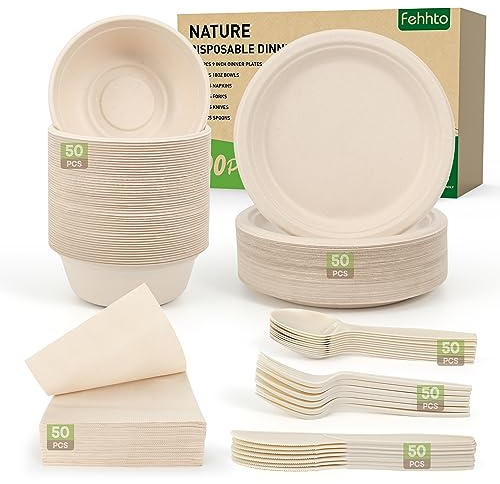 FEHHTO Disposable Paper Plates Set 300PCS Compostable Sugarcane Plates, Bowls, Heavy-duty Utensil, Biodegradable Napkins, Eco-friendly Dinnerware Set for Party Camping 50 People