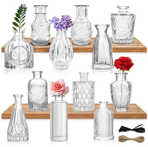YUTUY Kleine Glasvase Set, 12 St., Vintage Deko, Mini Vasen, Tischvase, Blumenvase, Rund, Transparent, für Tischdeko, Hochzeitsdekorationen, Zuhause, Cafés, Gärten, Diffusor, frische/künstliche Blumen