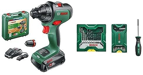 Bosch Akkubohrschrauber AdvancedDrill 18 (mit Akku, 18 Volt System, im Koffer) + 25 + 15 + 1 Mini-X-Line Set plus Griff (für Metall, Holz, Stein, Zubehör Bohrmaschine)