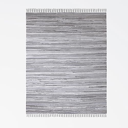 MY-RUG Chindi Fleckerlteppich 160x230 cm - Handgewebter Baumwollteppich | Nachhaltiger Wendeteppich aus Naturfaser, handgemachter Flickenteppich für Küche und Flur, robust und pflegeleicht in Grau