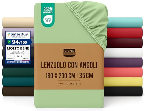 Utopia Bedding Lenzuolo con Angoli - 180x200cm - Verde Salvia | Microfibra di Poliestere Spazzolato - Lenzuolo Sotto con Angoli Elasticizzato - Tasche Profonde 35cm