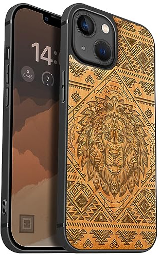 Carveit Coque magnétique pour iPhone 13 Étui Bois Case de téléphone Antichoc Bumper TPU Compatible avec Magsafe 13 Coque Bois Etui Unique (Cerise-Le Lion Filigrane)