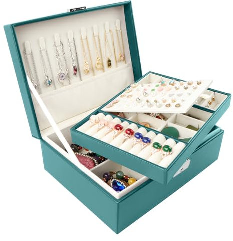 Homeanda Joyero de 2 capas, cajas de joyería de cuero para mujeres, niñas, adolescentes, organizador de joyas, caja de almacenamiento de joyas con cerradura (UG-verde)