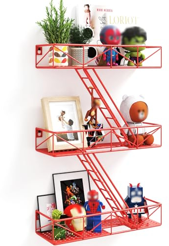 MVPSONAG Fire Escape Wandregal mit Korb, 3-stöckiges rotes Feuerleiter-Regal, Wand-Organizer, New York Metall dekorative Regale, DIY schwebende Action-Figur Display Regal für Schlafzimmer,