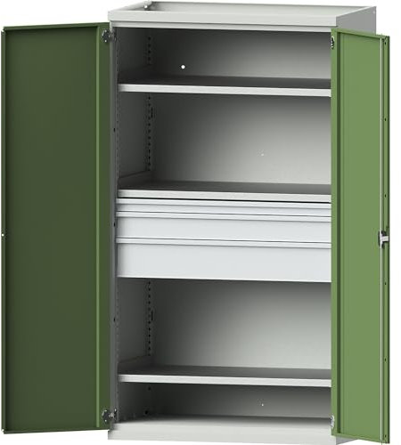 eurokraft | Schwerlastschrank aus Stahl | 3 Fachböden | Schubladen 1 x 60 mm | 1 x 120 mm | 1 x 180 mm hoch | lichtgrau/resedagrün