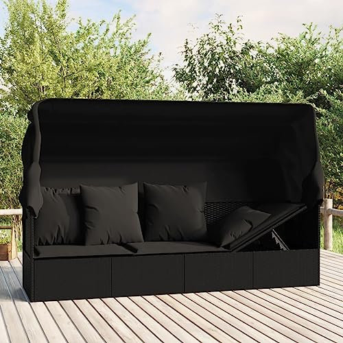 Outdoor-Loungebett mit Dach und Kissen,Gartenmöbel,Garten-Sofa,Terrassen-Freizeitstuhl,Freizeitstuhl für draußen,Relaxliege,für Garten, Terrasse, Schwimmbad, Pool, Strand, Schwarz Poly Rattan