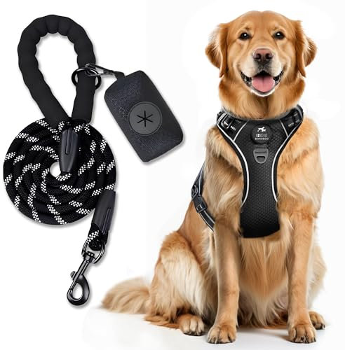 BINOBOO hundegeschirr Grosse Hunde, Anti Zug Hundegeschirr, No Pull Verstellbar Hundegeschirr Set mit Leine und Kotbeuteln, Atmungsaktives reflektierendes Brustgeschirr, Schwarz XL