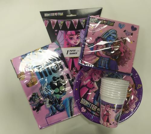 Lote de Vajillas Juveniles Monster High (24 Vasos, 24 Platos, 40 Servilletas, 2 Manteles y 1 Banderin) .Detalles y Decoración para Fiestas de Cumpleaños, Halloween, Bodas, Bautizos, Comuniones. AB