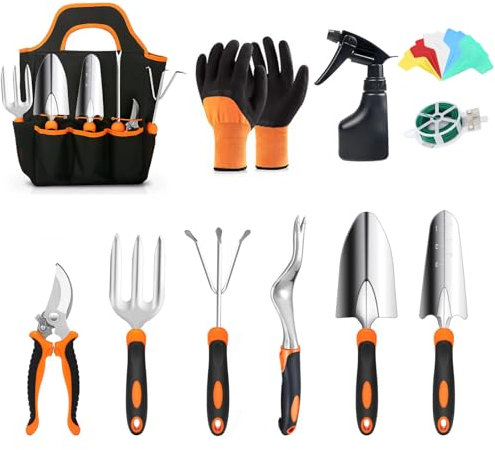 ABRFC Garden Tool Set, 11 Pieces Aluminum Heavy Duty Gardening Kit Gardening Gifts for Women & Men Garden Tool Set with Spray-Bottle, Bag, Gloves Indoors & Outdoors Durable (11 Pieces)