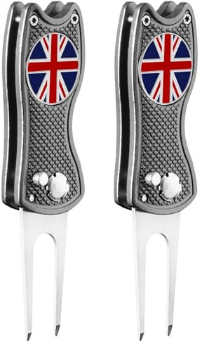 FINGER TEN Golf Divot Repair Tool Switchblade with Ball Marker Value 2 Pack, Stainless Steel Pitchfork with Pop-up Button Magnetic Marker Foldable Portable Gifts (2 Pack in Grey)