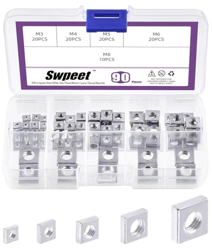 Swpeet 90 unidades de 5 tamaños M3 M4 M5 M6 M8 Blanco Zinc Metric Grob Rosca Cuadrada Tuercas Surtido de Surtido de Tuercas de Tornillo de Máquina Metric Rosca Gruesa para el Hogar Automotive Shop Uso
