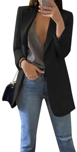 YMING Donna Blazer Lungo Donna Giacca da Abito da Lavoro con Risvolto Aperto sul Fronte A Maniche Lunghe Nero S