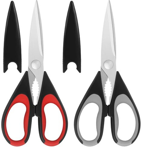 Vutyvve Tijeras de cocina, cuchillas de acero inoxidable, agarre suave, juego de tijeras de cocina multiusos resistentes, color rojo y gris, juego de 2 piezas