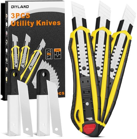 DIYLAND 3 Stück Cuttermesser Set Profi mit 20-teiligen Zusätzlichen Carbonstahl Klingen, Teppichmesser Profi, Mehrzweck Kattermesser Metall mit Gummigriff für Schneiden zum Papier, Karton