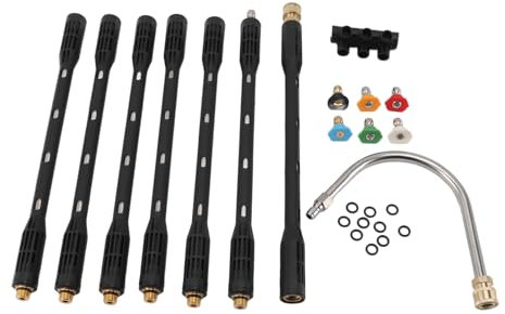 High Pressure Power Washer Wand, 7 Section Hydro Jet Water Hose Nozzle with 6 Nozzle Tips, Outdoor Cleaner Attachment Curved Extension Rod for Gutter Patio Car Pet Window Glass