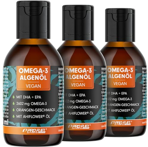 Omega-3 Algenöl 300 ml - hochdosiert mit 3665 mg Algenöl, davon 1203 mg DHA & 667 mg EPA - veganes Omega-3 Öl + Ahiflower® Öl mit angenehmem Orangen-Geschmack - laborgeprüft mit Zertifikat - 3x100 ml