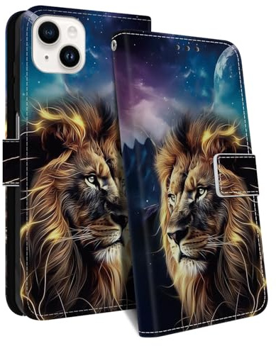 HopMore for iPhone 13/14 Case, PU Leather Flip Wallet Case with Card Slot Kickstand Magnetic Closure Wrist Strap Shockproof Cover with Cute Pattern Animal Design for iPhone 13/14 Phone Case, Lion