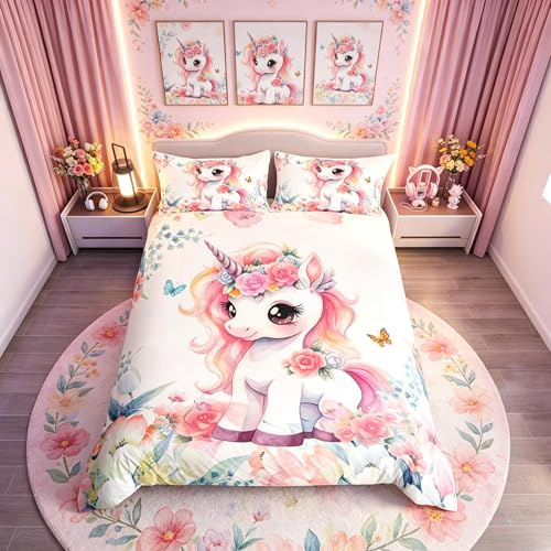Loussiesd Cute Unicorn Bedding Set Double Size Kids Cartoon Dreamy Horse Comforter Cover Set for Boys Girls Teens Flower Floral Print Duvet Cover Farm Zoo Garden Theme Bedspread Cover Room Decor