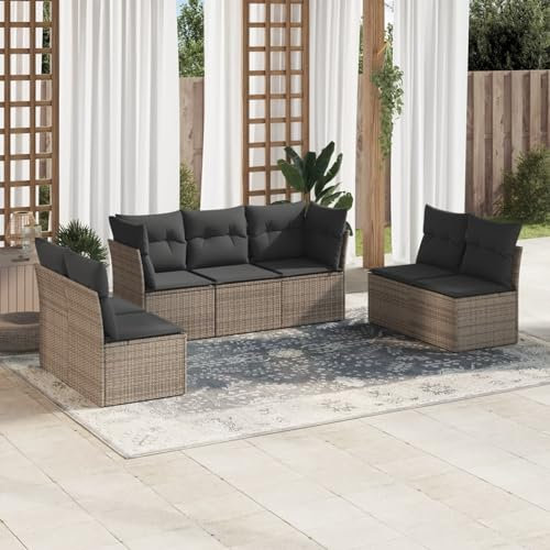 Iiaky 7-TLG. Garten-Sofagarnitur mit Kissen Gartengarnitur Set Lounge MöBel Outdoor LoungemöBel Balkon Grau Poly Rattan - 3217410