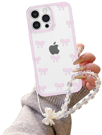 EYZUTAK Case for iPhone 12 Pro, Clear Cute Ribbon Bowknot Aesthetic Phone Case with Charm Bracelet Chain Raised Camera Protection Stylish Soft Durable TPU Protective Cover for Women Girls - Pink