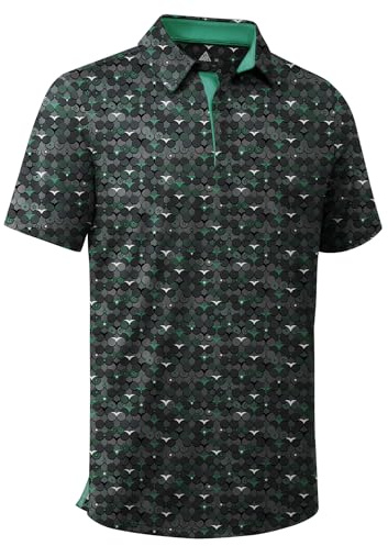 ZITY Men's Golf Shirts Short Sleeve Moisture Wicking Performance Print Patterns Casual Collared Golf Polo Shirt for Men Blackish Green