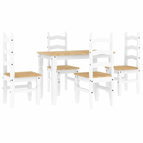 vidaXL Panama 5-Piece Dining Set - Rectangular Table and 4 Chairs - White - Farmhouse Style - Solid Pinewood - For Kitchen/Dining Room