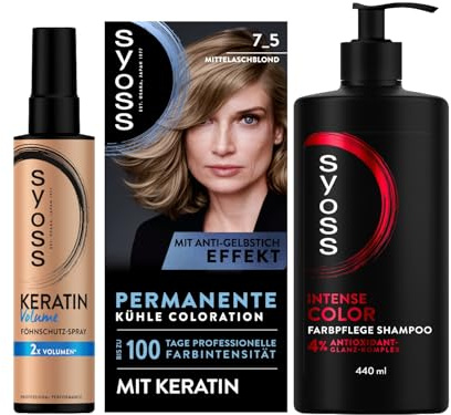 SYOSS Coloration 7_5 Mittelaschblond (115 ml), 100% Grauabdeckung & Volumen Föhnschutz-Spray (200 ml), Hitzeschutz bis zu 230 °C, mit Keratin & Gliss Shampoo Colour Perfector (250 ml)