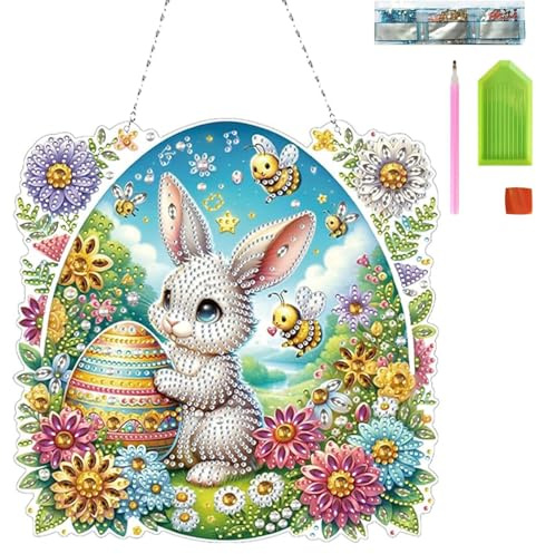 DIY Diamond Painting Ostern Osterhase Bastelset, 5D Diamond Painting Türkranz Anhänger, Frühling Fensterdeko Hängend, Diamant Painting Fensterbilder für Fenster Wand Frühling Ostern Dekoration (A)