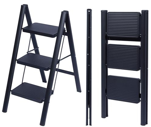 UZIRO Escalera Plegable 3 Peldaños, Escaleras Decorativa, Peldaños Anchos Antideslizantes, Ideal para Uso en Hogar, Cocina y Oficina, Fácil de Guardar y Transportar, Resistente (Negro, 3 Peldaños)