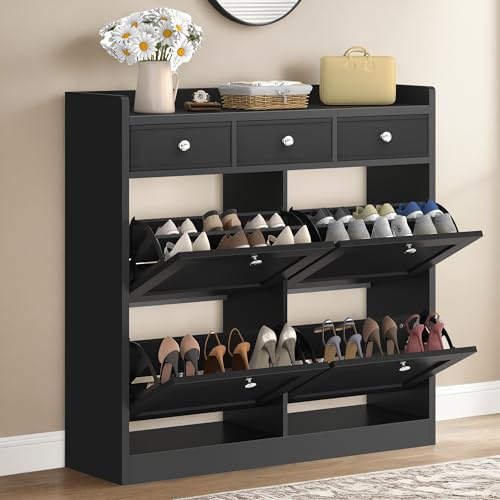 YITAHOME Shoe Storage Cabinet with 4 Flip Drawers, Shoe Cabinet with 3 Fabric Drawer and Adjustable Shelf, for 24 Pairs of Shoes for Hallways and Living Room, Black, 100 cm x 99.5 cm x 25 cm