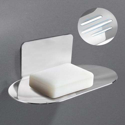 Seifenablage Wand Montage ohne Bohren, 14 x 8cm Silberne Edelstahl Seifenschale, Seifenkorb Selbstklebende, Edelstahl Seifenschalenhalter, Selbstklebend Soap Dish Holder, für Badezimmer, Küche, Dusche
