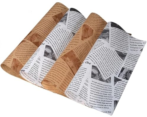 Lot de 100 feuilles de papier ciré pour panier alimentaire, pique-nique, charcuterie, 30 x 30 cm, motif imprimé journal (100 feuilles)