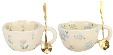 XinHuiGY Bonita taza de café, tazas de té de cerámica, taza de café Kawaii, taza de flores creativas hechas a mano con cuchara, taza estética para cacao con leche, 250 ml, regalo del día de la madre