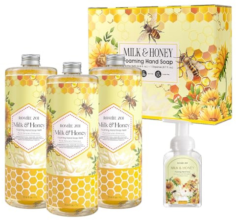 ROMIIE ZOI Foaming Hand Soap Refill Gift Set – Honey & Milk Scent – 3 Pack (1000ML Each) with Dispenser – Gentle & Moisturizing Plant-Based Formula – Bulk Refill Bottles for Bathroom & Kitchen Use