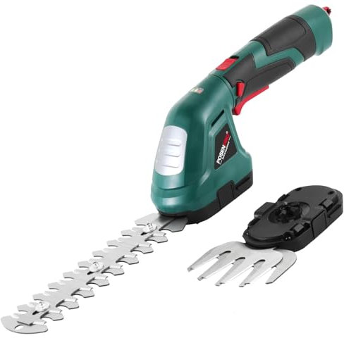 POSENPRO Akku-Grasschere 7,2V, Grasschere und Strauchschere Elektrisch mit 2 Messern 1.500mAh Akku und 180° drehbarer Griff, 2 in 1 Heckenschere Grasschneider, Schnittbreite 10cm, Schnittlänge 20cm