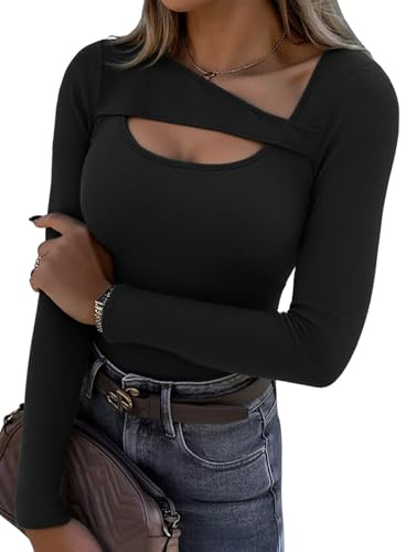 Aottori Maglia Donna Manica Lunga Scollo Asimmetrico Costine Slim Fit | Maglietta, Aderente, Basic Top, Elegante, T-Shirt, Elasticizzato, Tinta Unita, Casual