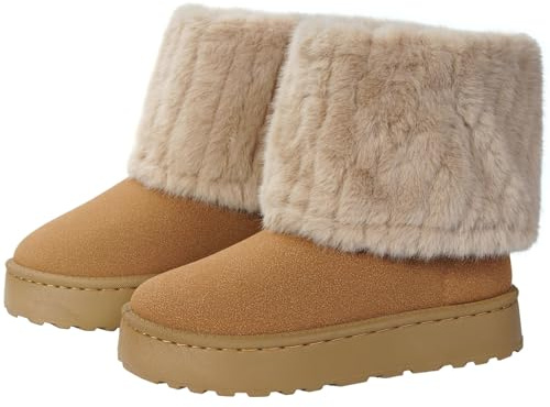 Harssidanzar Bottes d'hiver hautes au chevilles pour femmes, semelle EVA, chaudes avec fourrure synthétique, bottes de marche extérieure CL208EU, Chameau, Taille 37