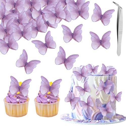 Lot de 48 décorations de gâteau en forme de papillon violettes - Avec pince à épiler - En papier gaufré - Décoration de gâteau de mariage pour anniversaire