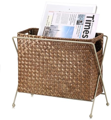 TOLIDA Revistero estable de junco marino, cesta de almacenamiento tejida con asa, soporte de archivador con soporte de metal, cesta de mimbre para libros, revistas, papeles como decoración de regalo