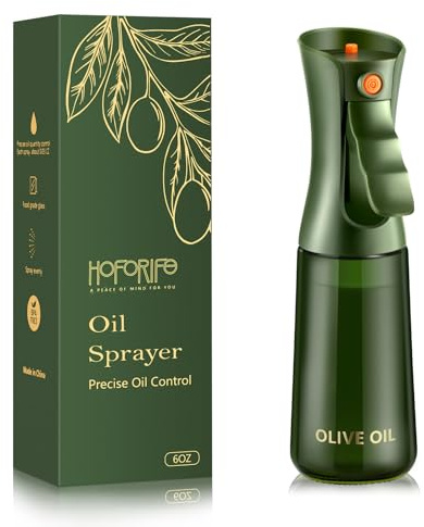 hoforife 200ml/7oz Glass Olive Oil Sprayer for Cooking, Oil Mister Continuous Cooking Spray with Portion Control for Kitchen (Green Bottle)