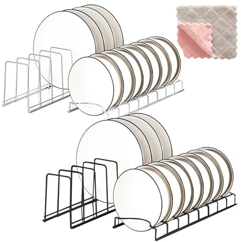 Joyseedi 4 PCS Plate Rack for Cupboard - Plate Organiser for Kitchen Cupboard with Rag, Stainless Steel Plate Storage Dish Drying Rack for Pot Lids, Plates, Cutting Boards, Bakeware